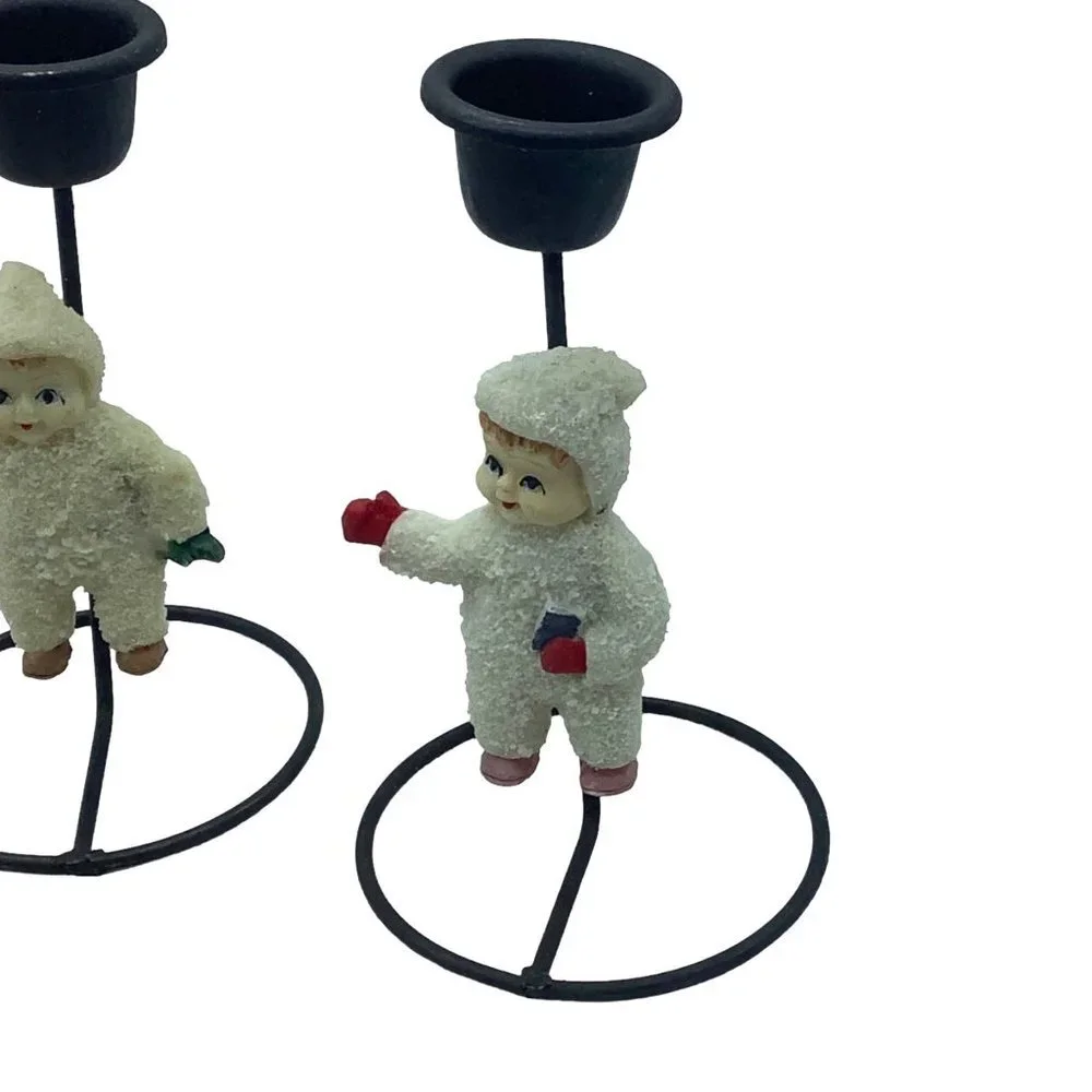 Vtg Crown‎ Greetings Ceramic Snowball Kids Candle Holder Lot of 4 Handmade 5